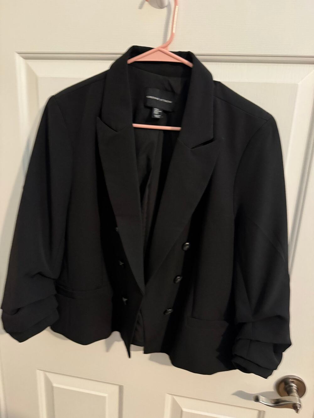 Adrienne Vittadini Double Breasted Crop Ruched Sleeves Classic Black XL
